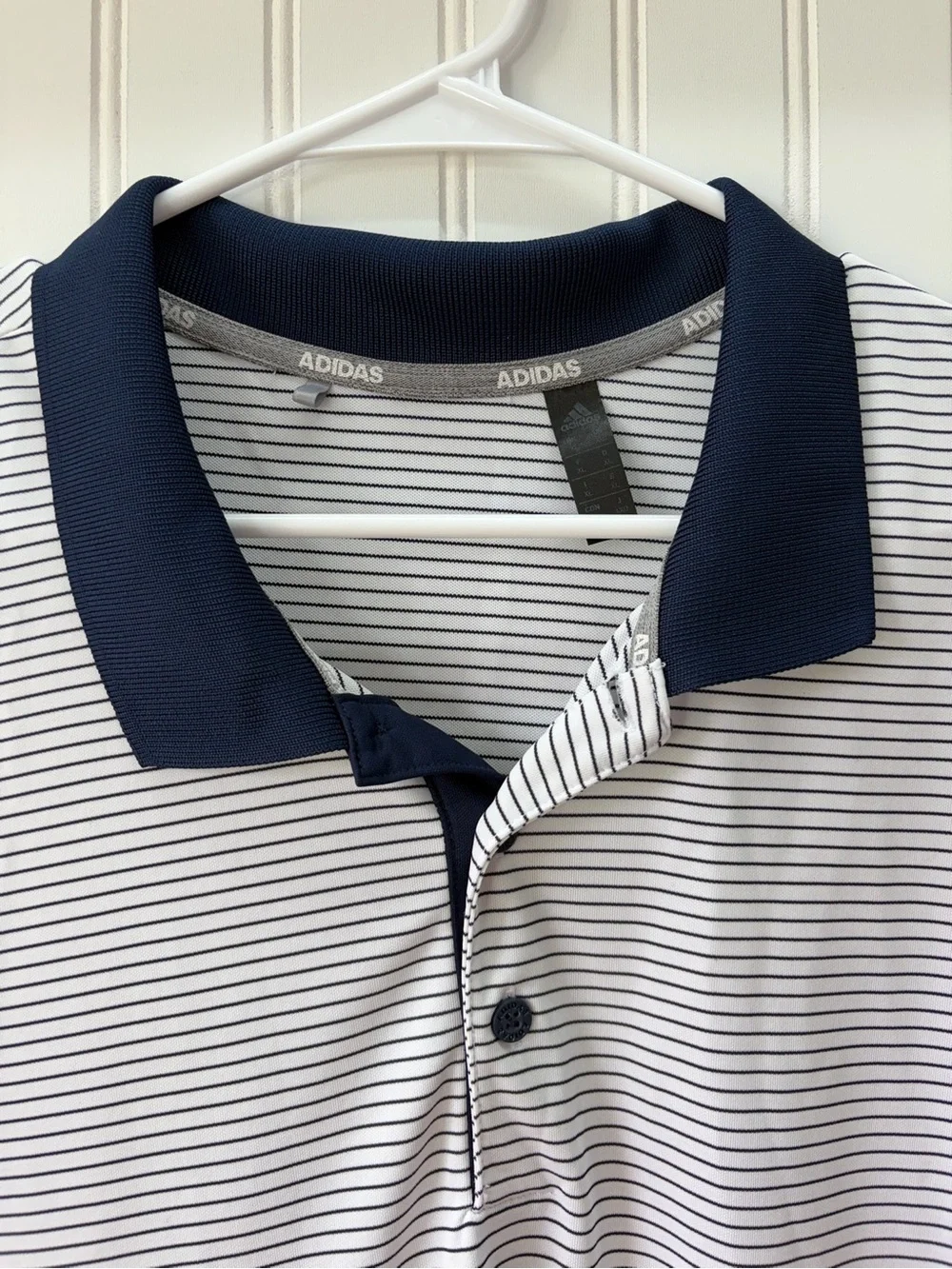 adidas White striped athletic gold tennis Polo with Navy Contrast Collar